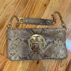 Tory Burch Beige Snakeskin Effect Leather Foldover Bag